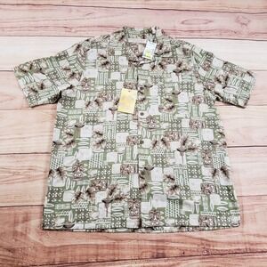 NEW Island Republic Shirt Mens Large Green‎ Beige Button Up Hawaiian Camp Silk